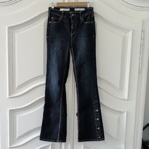 Anthropologie Dark Indigo Button-Trim Flare Jeans